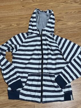 smash White & Navy Striped Zip Up Hoodie, Size Large